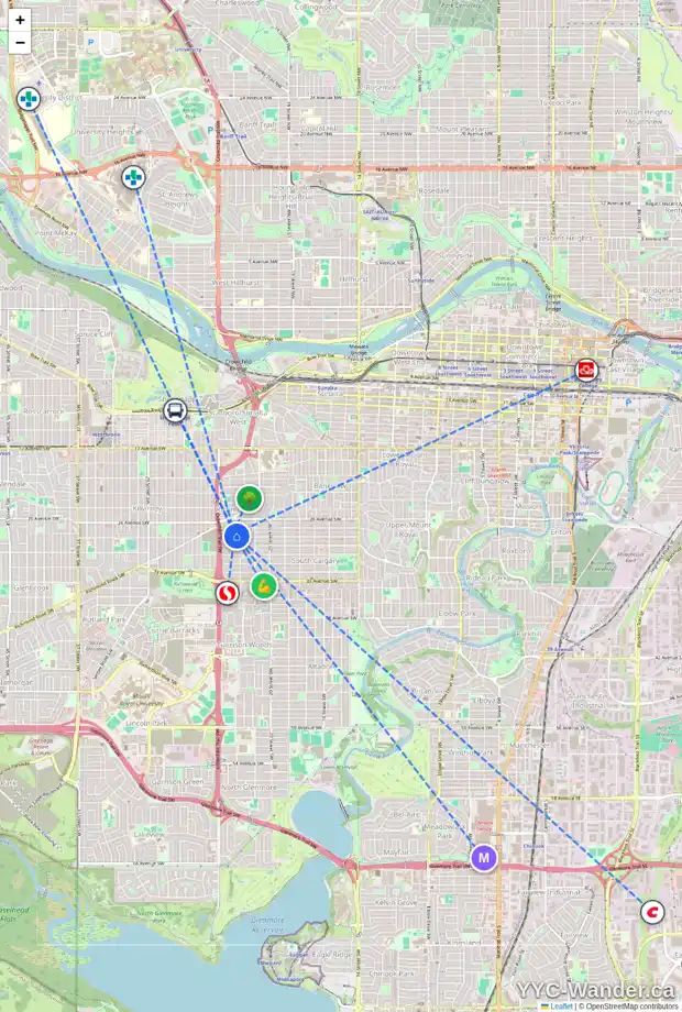 Daily accessibility map for 2416 28 AV SW, Calgary showing nearby schools, grocery stores, parks, LRT stations and nearby amenities