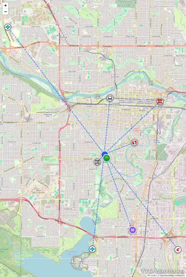 Daily accessibility map for 1205 PREMIER WY SW, Calgary showing nearby schools, grocery stores, parks, LRT stations and nearby amenities