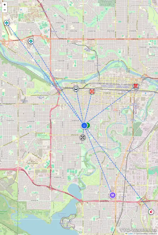 Daily accessibility map for 2818 14 ST SW, Calgary showing nearby schools, grocery stores, parks, LRT stations and nearby amenities
