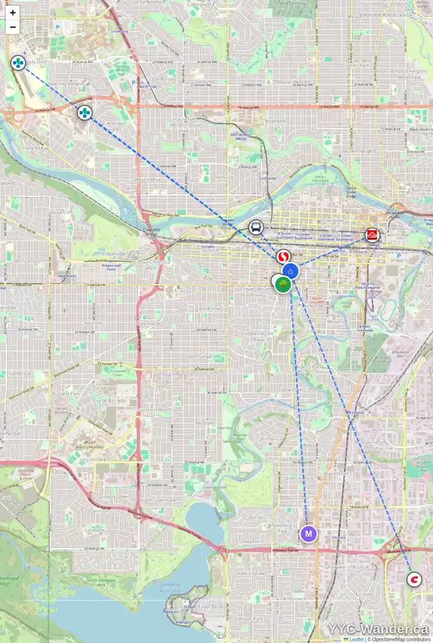 Daily accessibility map for 738 14 AV SW, Calgary showing nearby schools, grocery stores, parks, LRT stations and nearby amenities