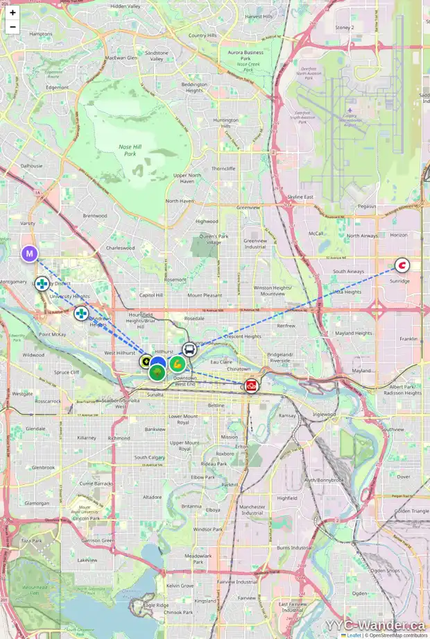 Daily accessibility map for 1710 WESTMOUNT RD NW, Calgary showing nearby schools, grocery stores, parks, LRT stations and nearby amenities