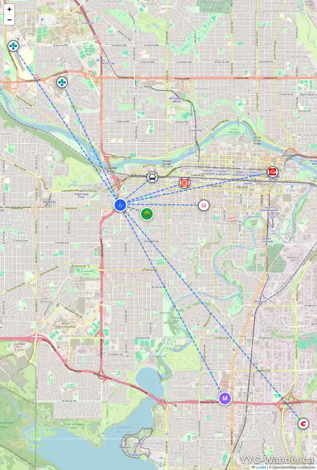 Daily accessibility map for 1601 SUMMIT ST SW, Calgary showing nearby schools, grocery stores, parks, LRT stations and nearby amenities