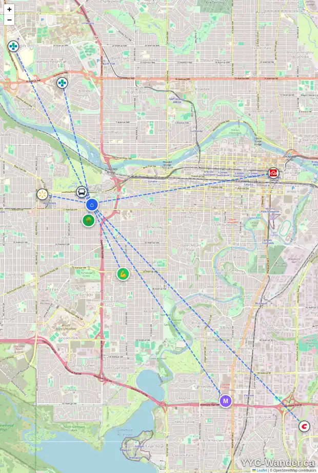 Daily accessibility map for 1716 25A ST SW, Calgary showing nearby schools, grocery stores, parks, LRT stations and nearby amenities