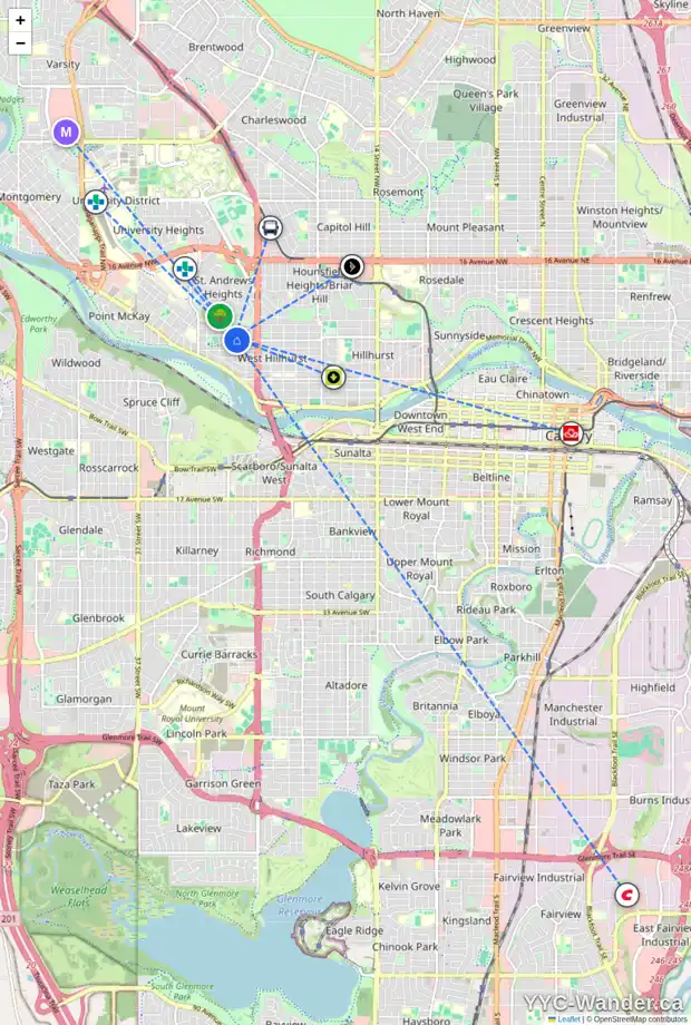 Daily accessibility map for 2633 6 AV NW, Calgary showing nearby schools, grocery stores, parks, LRT stations and nearby amenities