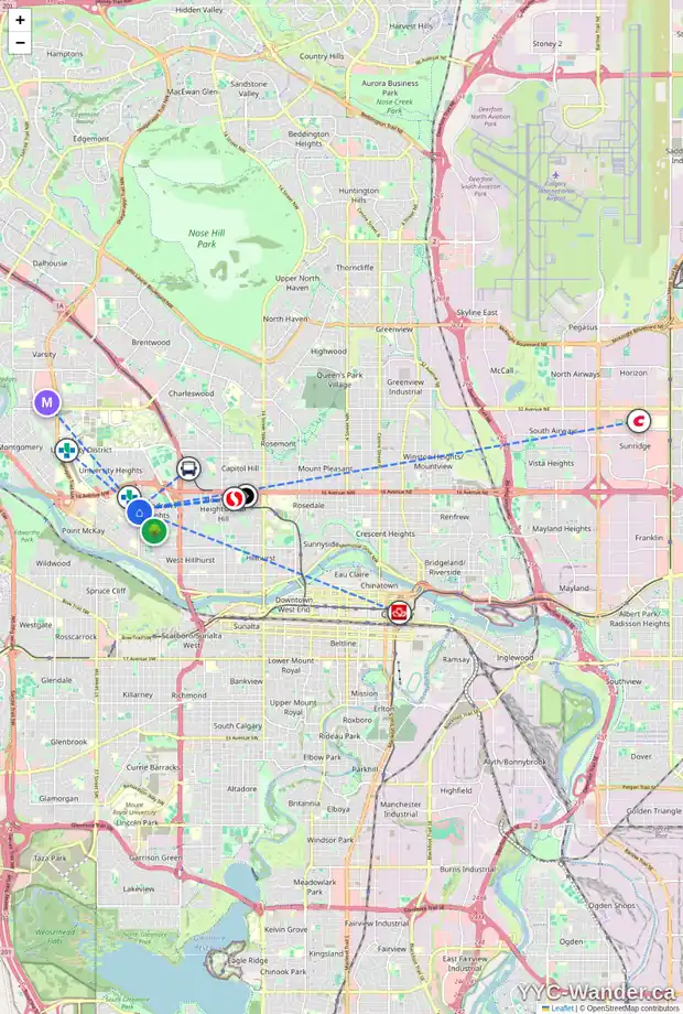 Daily accessibility map for 2945 TORONTO CR NW, Calgary showing nearby schools, grocery stores, parks, LRT stations and nearby amenities
