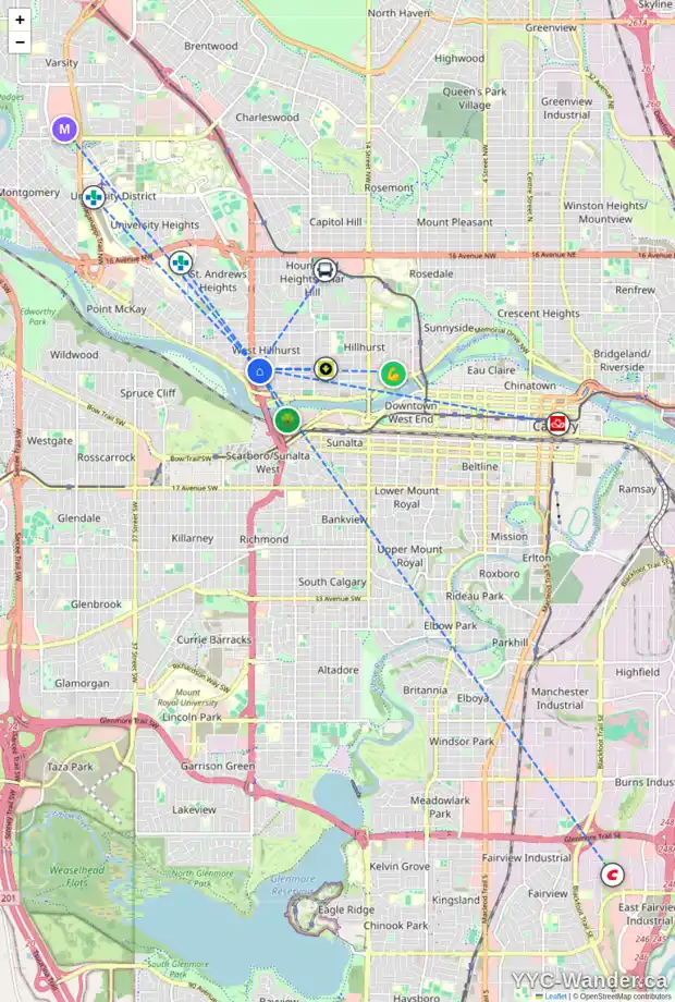 Daily accessibility map for 2424 KENSINGTON RD NW, Calgary showing nearby schools, grocery stores, parks, LRT stations and nearby amenities