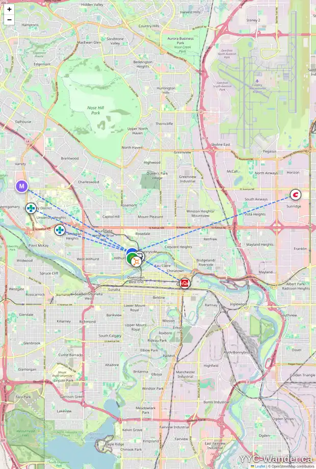 Daily accessibility map for 1202 5 AV NW, Calgary showing nearby schools, grocery stores, parks, LRT stations and nearby amenities