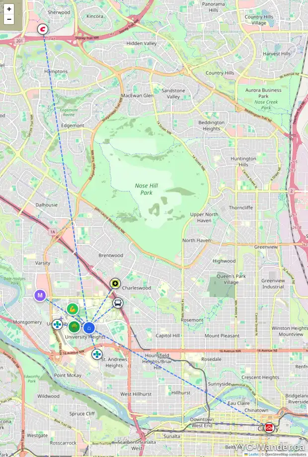 Daily accessibility map for 3343 UPTON PL NW, Calgary showing nearby schools, grocery stores, parks, LRT stations and nearby amenities