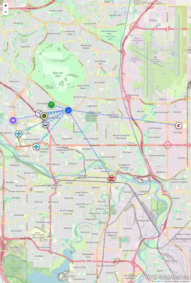 Daily accessibility map for 84 CALANDAR RD NW, Calgary showing nearby schools, grocery stores, parks, LRT stations and nearby amenities