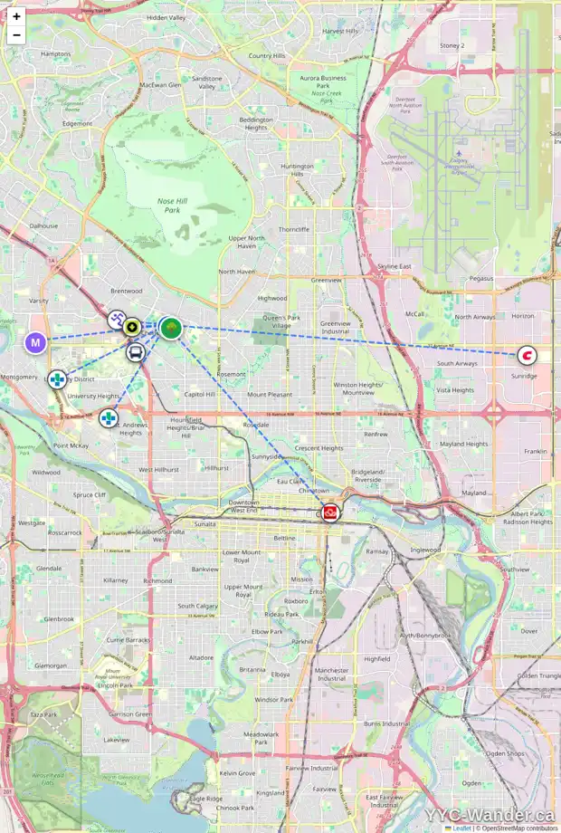Daily accessibility map for 2239 CHICOUTIMI DR NW, Calgary showing nearby schools, grocery stores, parks, LRT stations and nearby amenities