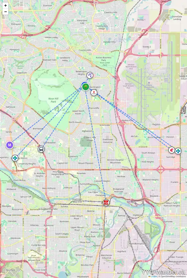 Daily accessibility map for 7836 HUNTERSLEA CR NW, Calgary showing nearby schools, grocery stores, parks, LRT stations and nearby amenities