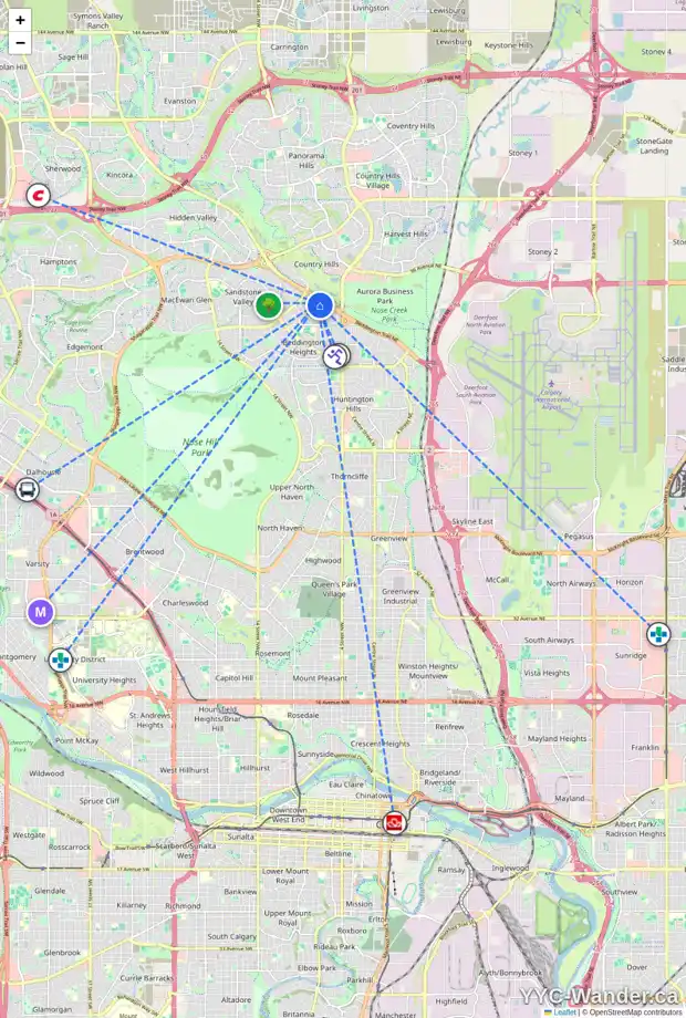 Daily accessibility map for 303 BERNARD ME NW, Calgary showing nearby schools, grocery stores, parks, LRT stations and nearby amenities