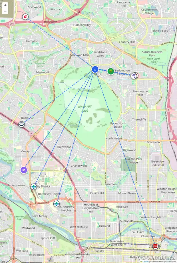 Daily accessibility map for 92 BEACONSFIELD RI NW, Calgary showing nearby schools, grocery stores, parks, LRT stations and nearby amenities