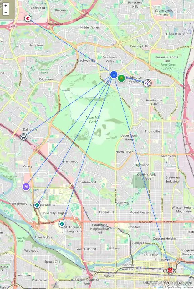 Daily accessibility map for 43 BEARBERRY BA NW, Calgary showing nearby schools, grocery stores, parks, LRT stations and nearby amenities