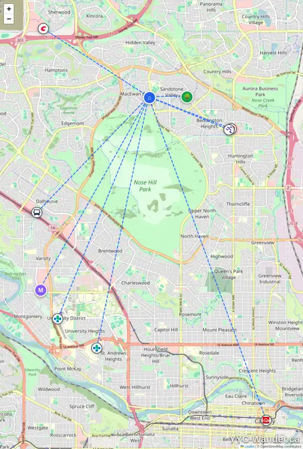 Daily accessibility map for 59 MACEWAN PARK LI NW, Calgary showing nearby schools, grocery stores, parks, LRT stations and nearby amenities