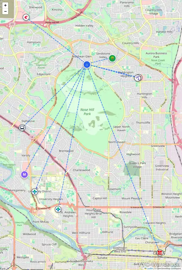 Daily accessibility map for 155 MACEWAN GLEN PL NW, Calgary showing nearby schools, grocery stores, parks, LRT stations and nearby amenities