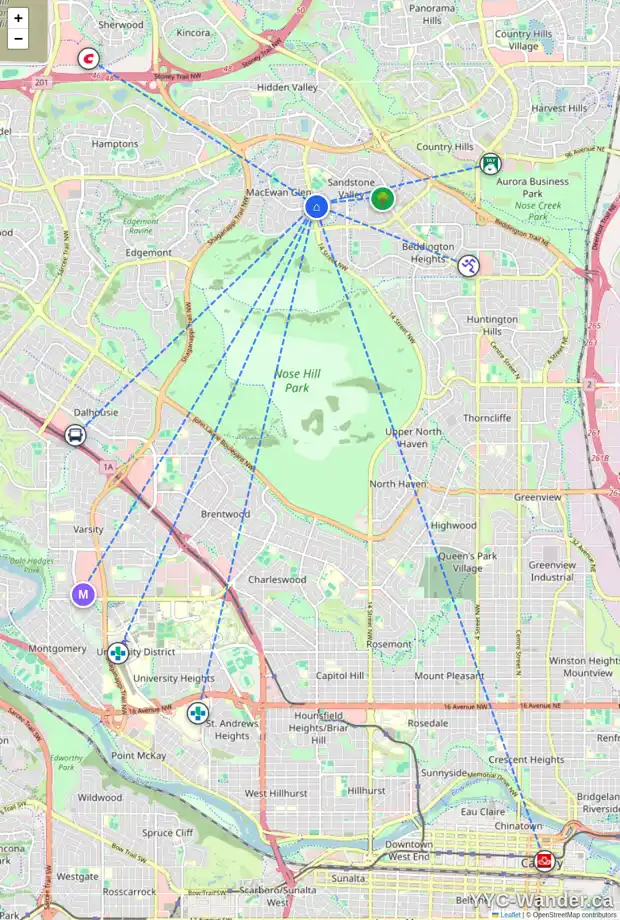Daily accessibility map for 424 SANDRINGHAM PL NW, Calgary showing nearby schools, grocery stores, parks, LRT stations and nearby amenities