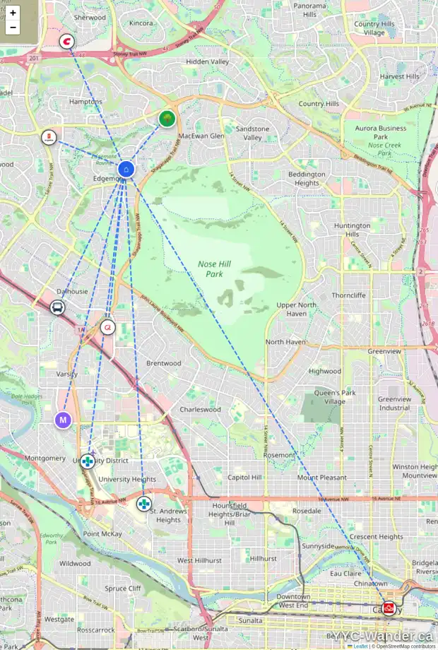 Daily accessibility map for 323 EDGEBANK PL NW, Calgary showing nearby schools, grocery stores, parks, LRT stations and nearby amenities