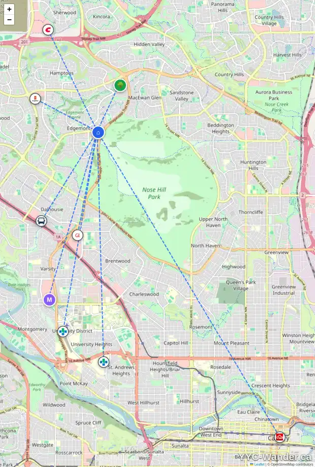 Daily accessibility map for 16 EDGEBROOK RD NW, Calgary showing nearby schools, grocery stores, parks, LRT stations and nearby amenities