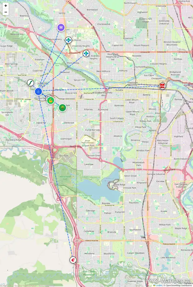 Daily accessibility map for 7 STRATHCANNA CO SW, Calgary showing nearby schools, grocery stores, parks, LRT stations and nearby amenities