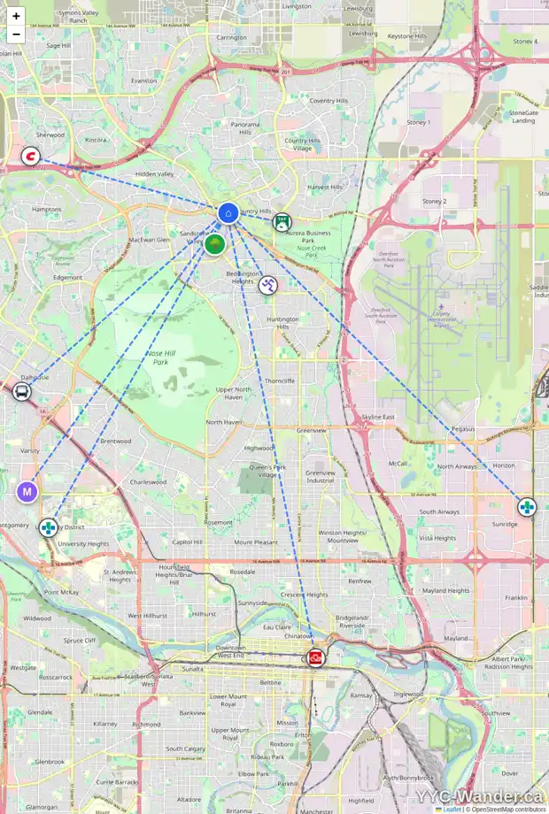 Daily accessibility map for 163 COUNTRY HILLS CL NW, Calgary showing nearby schools, grocery stores, parks, LRT stations and nearby amenities