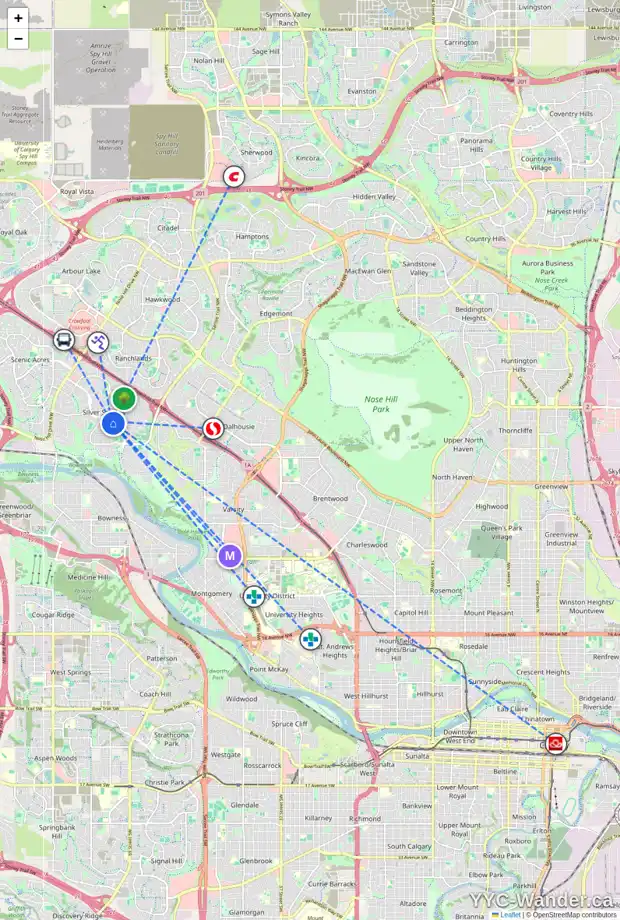 Daily accessibility map for 7304 61 AV NW, Calgary showing nearby schools, grocery stores, parks, LRT stations and nearby amenities