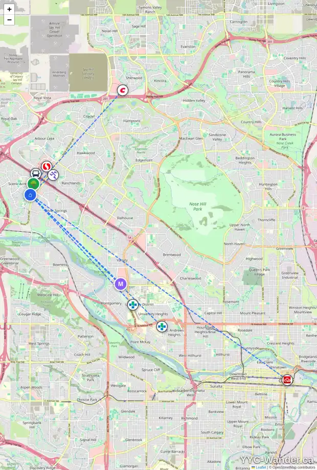 Daily accessibility map for 104 SCENIC ACRES DR NW, Calgary showing nearby schools, grocery stores, parks, LRT stations and nearby amenities