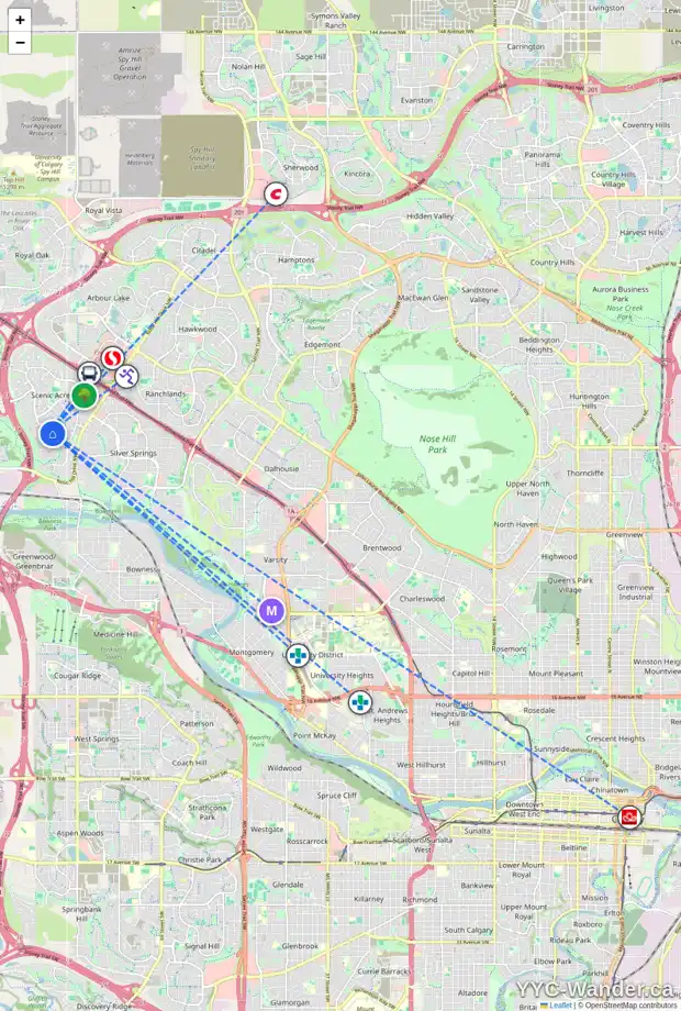 Daily accessibility map for 244 SCANDIA HL NW, Calgary showing nearby schools, grocery stores, parks, LRT stations and nearby amenities