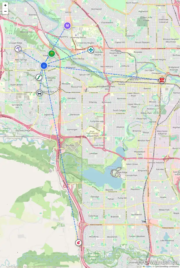 Daily accessibility map for 6509 COACH HILL RD SW, Calgary showing nearby schools, grocery stores, parks, LRT stations and nearby amenities