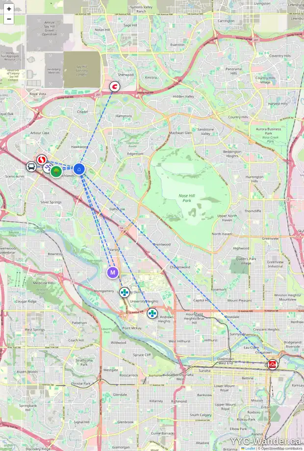 Daily accessibility map for 71 RANCH ESTATES RD NW, Calgary showing nearby schools, grocery stores, parks, LRT stations and nearby amenities