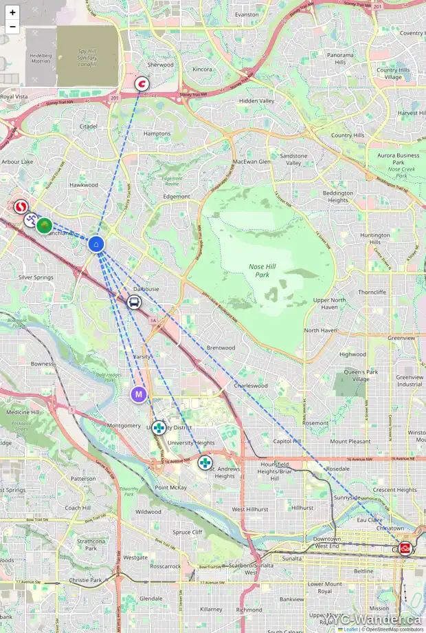 Daily accessibility map for 331 RANCH ESTATES PL NW, Calgary showing nearby schools, grocery stores, parks, LRT stations and nearby amenities