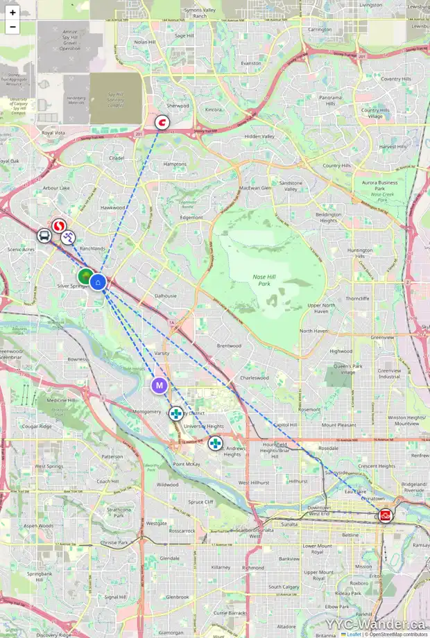 Daily accessibility map for 6550 SILVER SPRINGS WY NW, Calgary showing nearby schools, grocery stores, parks, LRT stations and nearby amenities