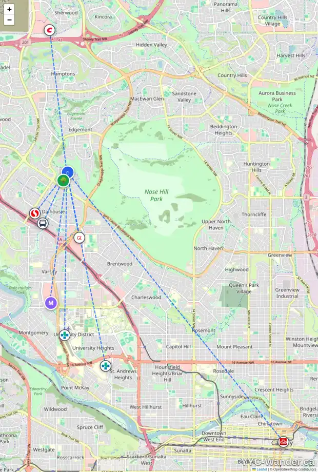 Daily accessibility map for 814 EDGEMONT RD NW, Calgary showing nearby schools, grocery stores, parks, LRT stations and nearby amenities