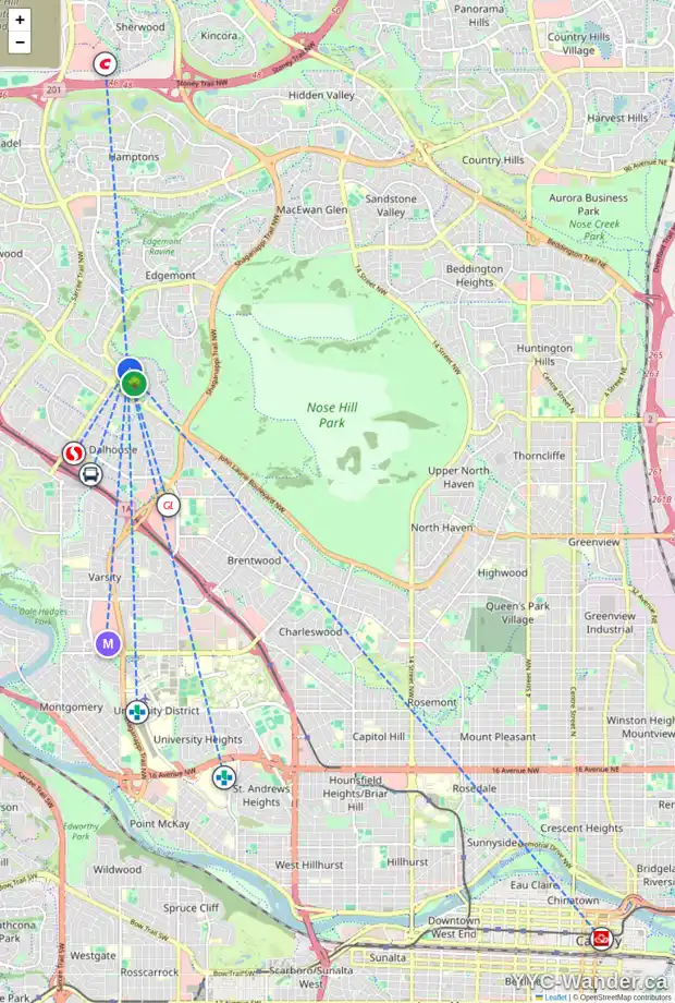 Daily accessibility map for 7067 EDGEMONT DR NW, Calgary showing nearby schools, grocery stores, parks, LRT stations and nearby amenities