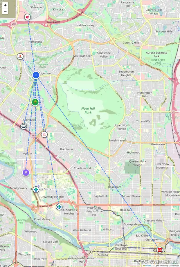Daily accessibility map for 138 EDGEVIEW RD NW, Calgary showing nearby schools, grocery stores, parks, LRT stations and nearby amenities