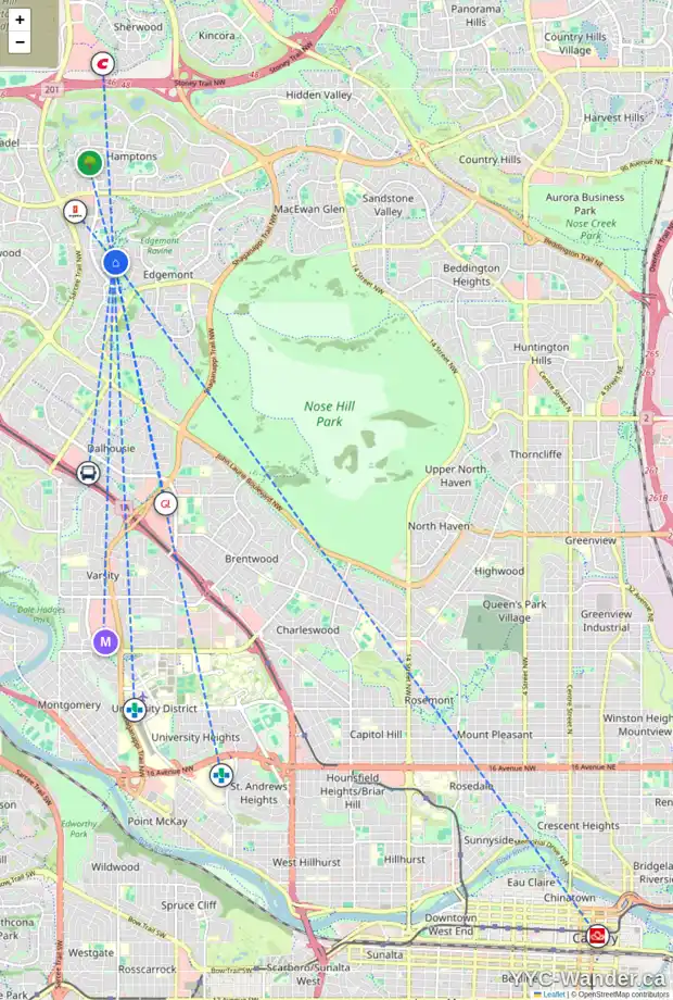 Daily accessibility map for 143 EDGEVIEW DR NW, Calgary showing nearby schools, grocery stores, parks, LRT stations and nearby amenities