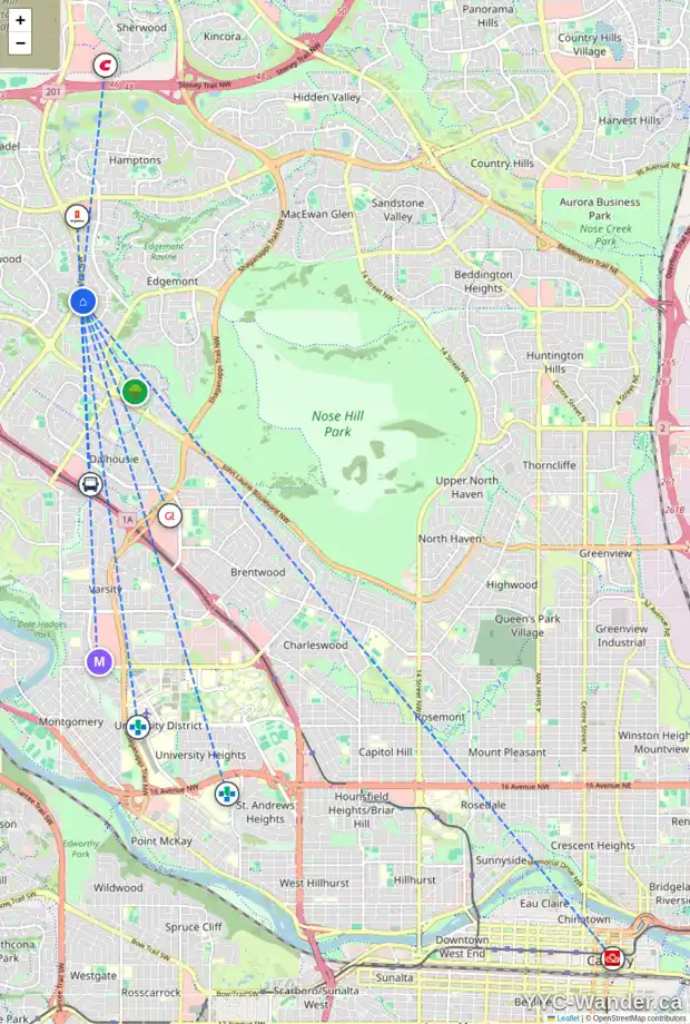 Daily accessibility map for 151 EDGELAND RD NW, Calgary showing nearby schools, grocery stores, parks, LRT stations and nearby amenities