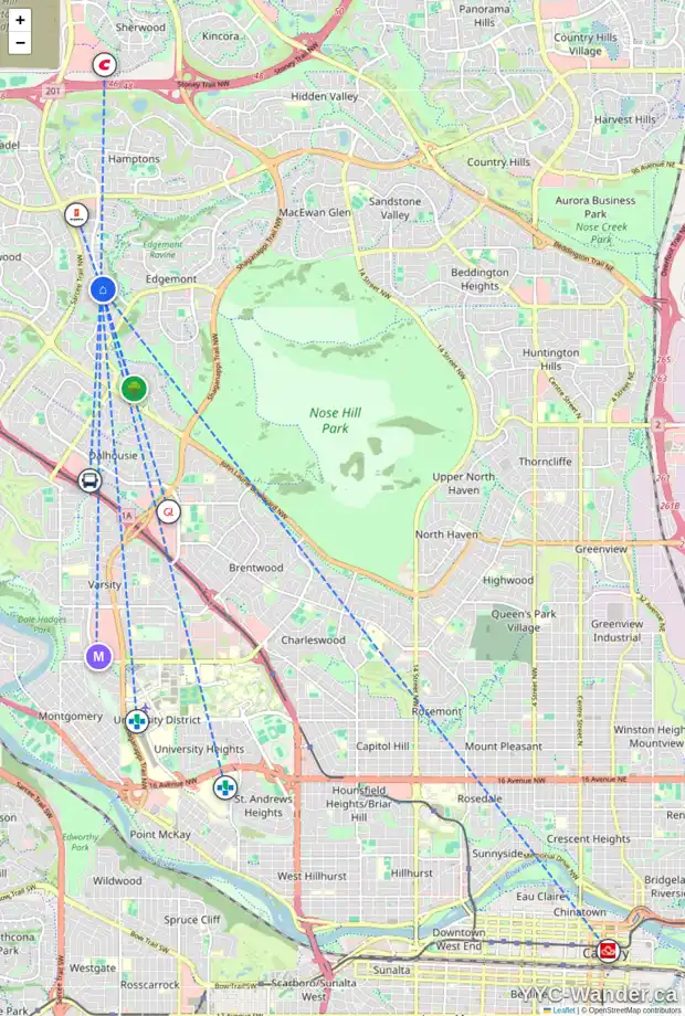 Daily accessibility map for 16 EDGELAND RI NW, Calgary showing nearby schools, grocery stores, parks, LRT stations and nearby amenities