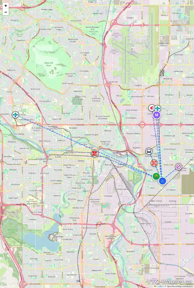 Daily accessibility map for 38 DOVERCLIFFE WY SE, Calgary showing nearby schools, grocery stores, parks, LRT stations and nearby amenities
