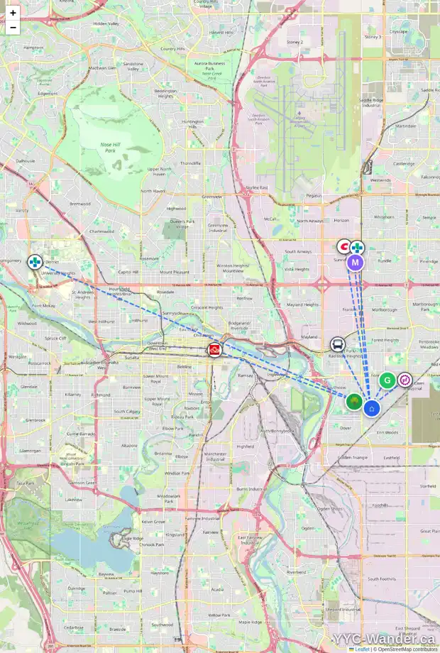Daily accessibility map for 3927 29 AV SE, Calgary showing nearby schools, grocery stores, parks, LRT stations and nearby amenities