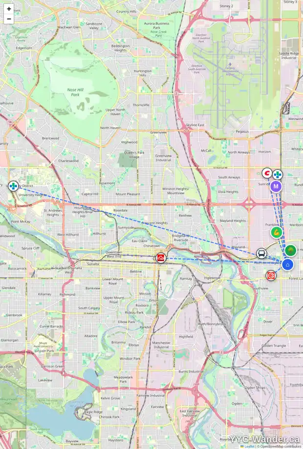 Daily accessibility map for 1112 38 ST SE, Calgary showing nearby schools, grocery stores, parks, LRT stations and nearby amenities