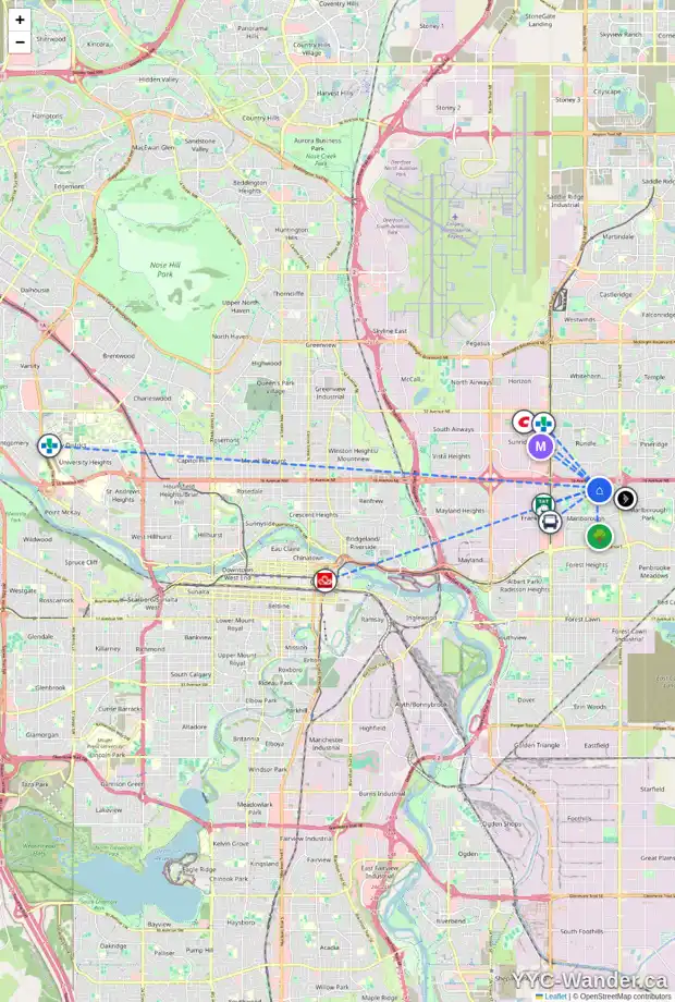 Daily accessibility map for 1423 MARDALE DR NE, Calgary showing nearby schools, grocery stores, parks, LRT stations and nearby amenities
