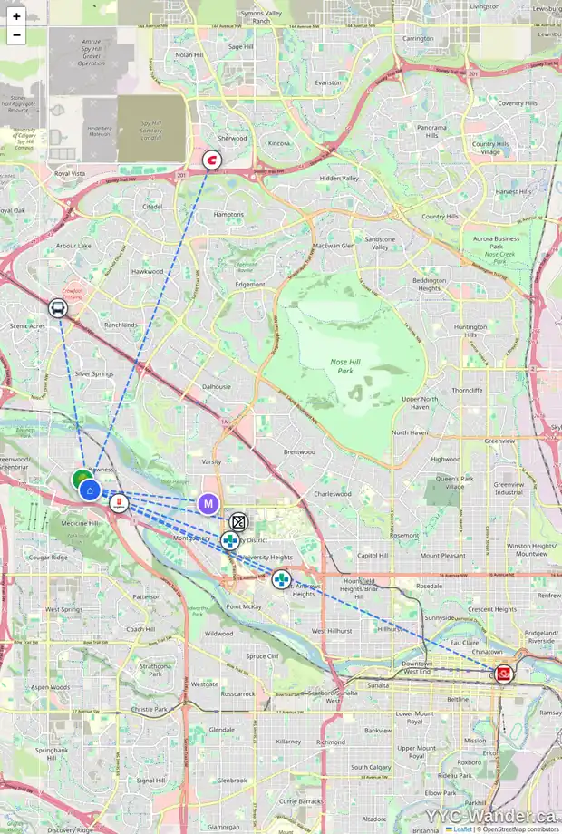 Daily accessibility map for 7615 36 AV NW, Calgary showing nearby schools, grocery stores, parks, LRT stations and nearby amenities