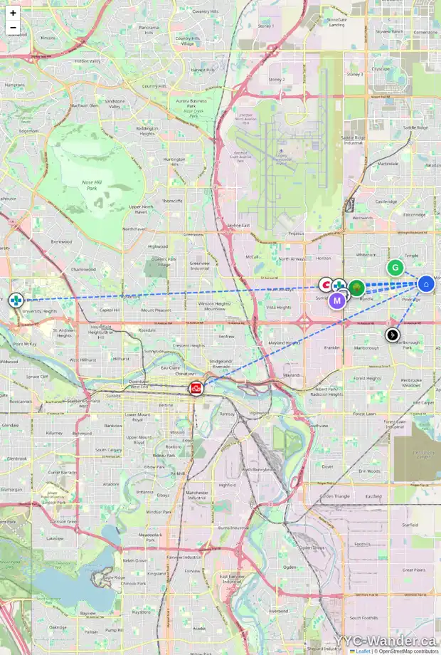 Daily accessibility map for 712 PINECLIFF RD NE, Calgary showing nearby schools, grocery stores, parks, LRT stations and nearby amenities