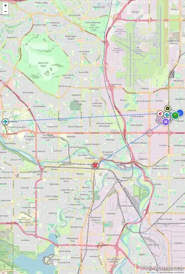 Daily accessibility map for 63 RUNDLESON WY NE, Calgary showing nearby schools, grocery stores, parks, LRT stations and nearby amenities