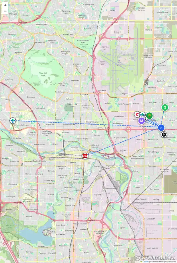 Daily accessibility map for 220 RUNDLECAIRN RD NE, Calgary showing nearby schools, grocery stores, parks, LRT stations and nearby amenities