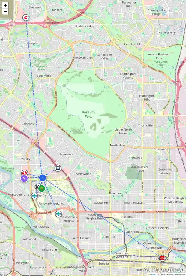 Daily accessibility map for 3411 VARAL RD NW, Calgary showing nearby schools, grocery stores, parks, LRT stations and nearby amenities