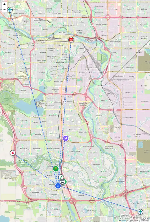 Daily accessibility map for 43 SHAWMEADOWS RI SW, Calgary showing nearby schools, grocery stores, parks, LRT stations and nearby amenities