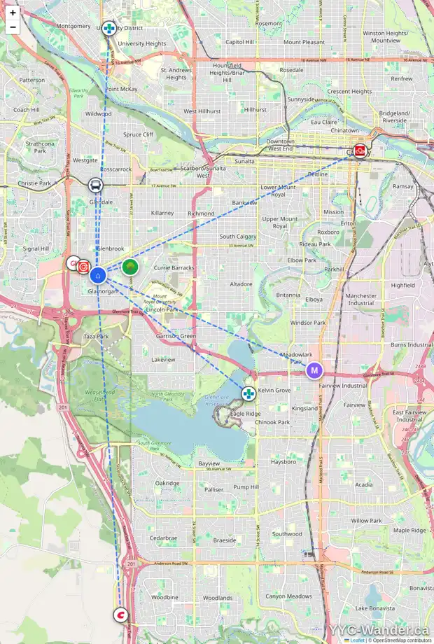 Daily accessibility map for 4012 46 ST SW, Calgary showing nearby schools, grocery stores, parks, LRT stations and nearby amenities