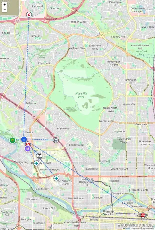 Daily accessibility map for 18 VARSDALE PL NW, Calgary showing nearby schools, grocery stores, parks, LRT stations and nearby amenities